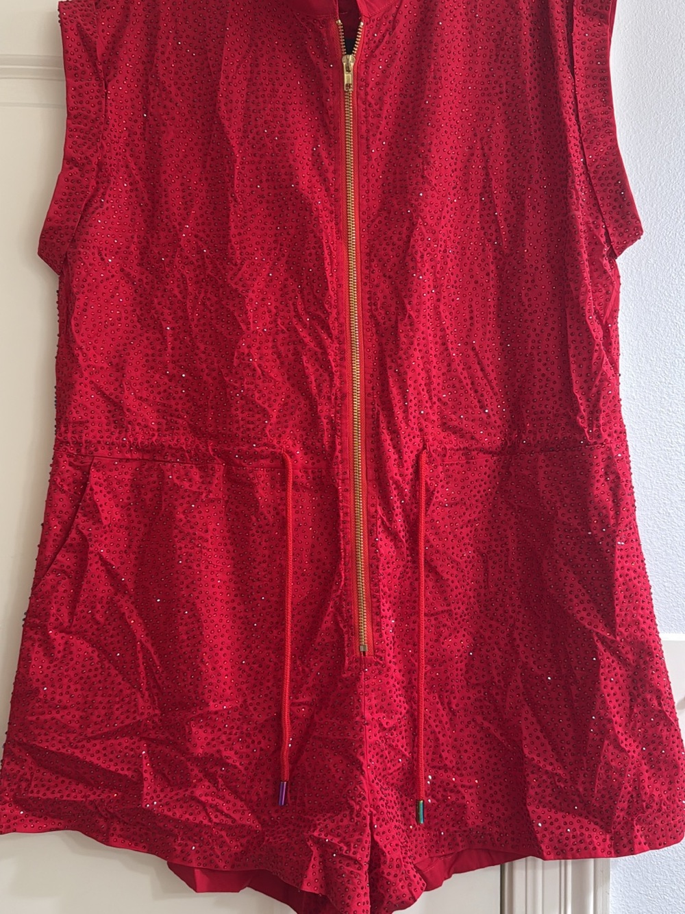 QUEEN OF SPARKLES Red Sequined Romper with Gold Zip